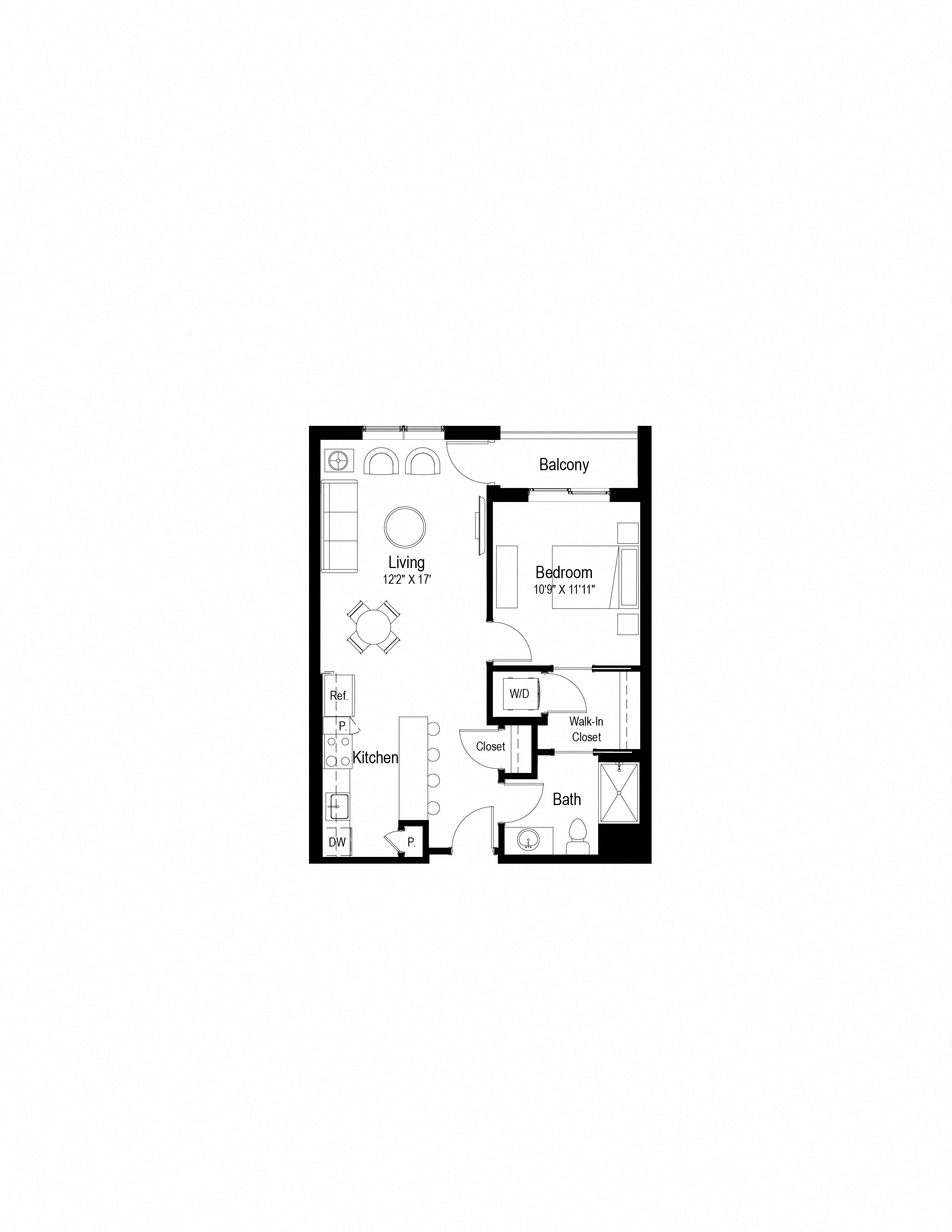 Floor plan for 1 bed, 1 bath, 747 sqft